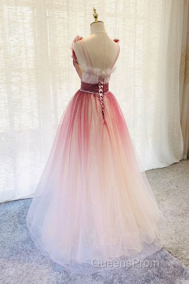 A-Line Burgundy V Neck Tulle Sequin Long Evening Prom Dress Burgundy Evening Dress