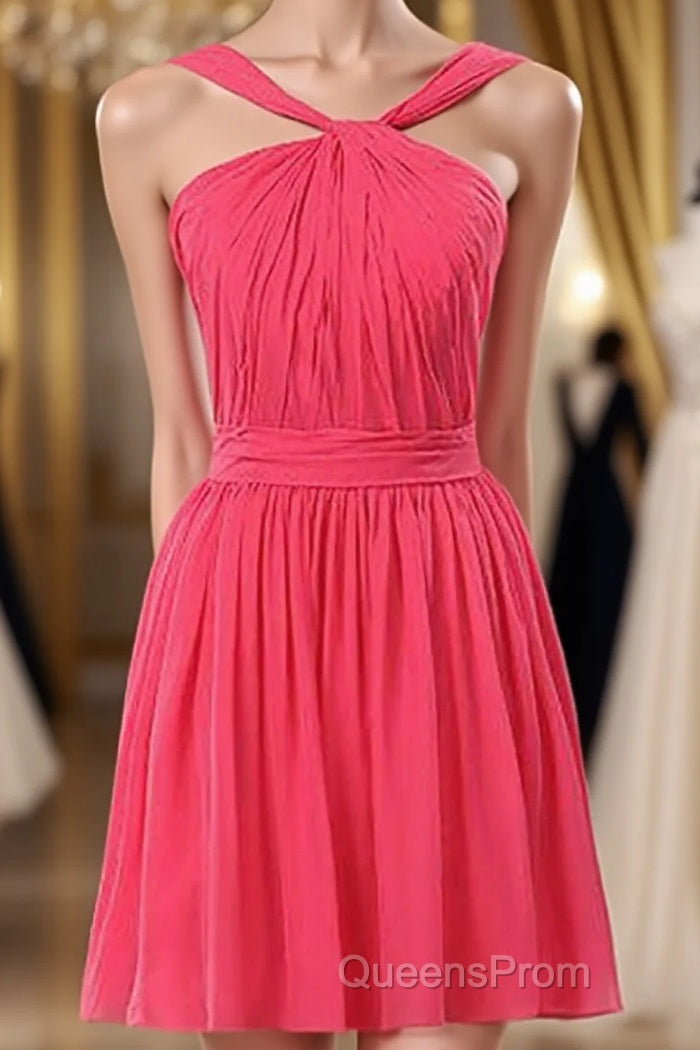 Neon Pink Halter Knee Length Bridesmaid Dress Main image