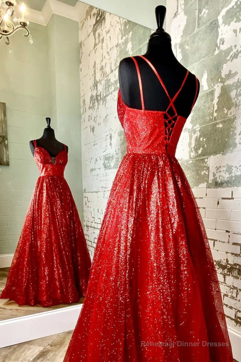 A-Line Red Sequin Lace-Up Long Prom Dress