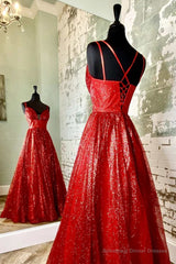 A-Line Red Sequin Lace-Up Long Prom Dress