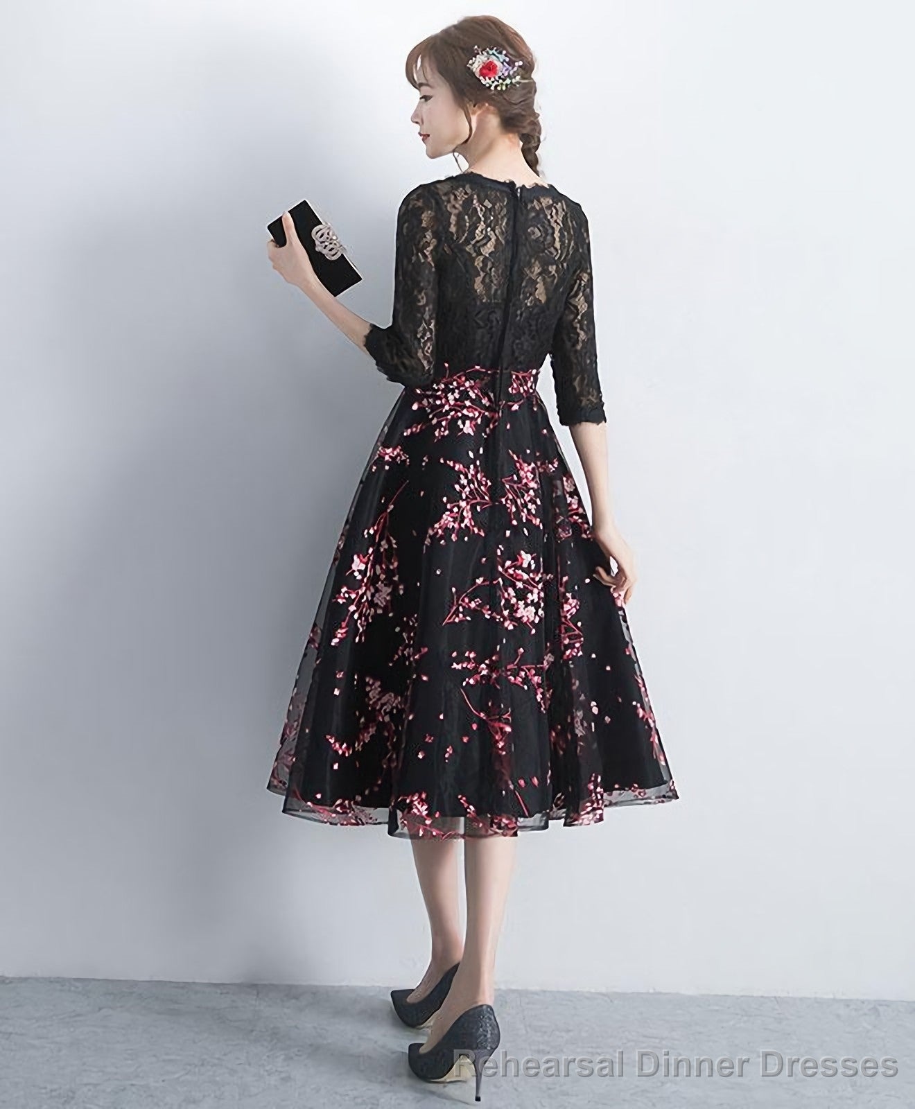 Black Lace Tulle Short Prom Dress Black Lace Bridesmaid Dress Secondary image