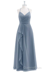 Dusty Blue Chiffon Halter Backless Ruffled Long Bridesmaid Dress