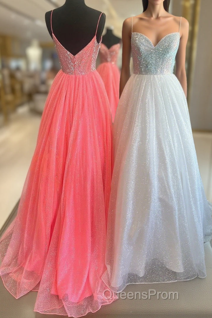 A-line Sparkly Plunging V-Neck Spaghetti Straps Sequins Top Long Evening Prom Dress Main image