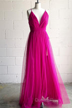 A-line V-Neck Pleated Tulle Long Bridesmaid Dress with Slit