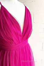 A-line V-Neck Pleated Tulle Long Bridesmaid Dress with Slit