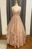 Champagne Lace Beaded V-Neck Straps A-Line Tiered Prom Dress