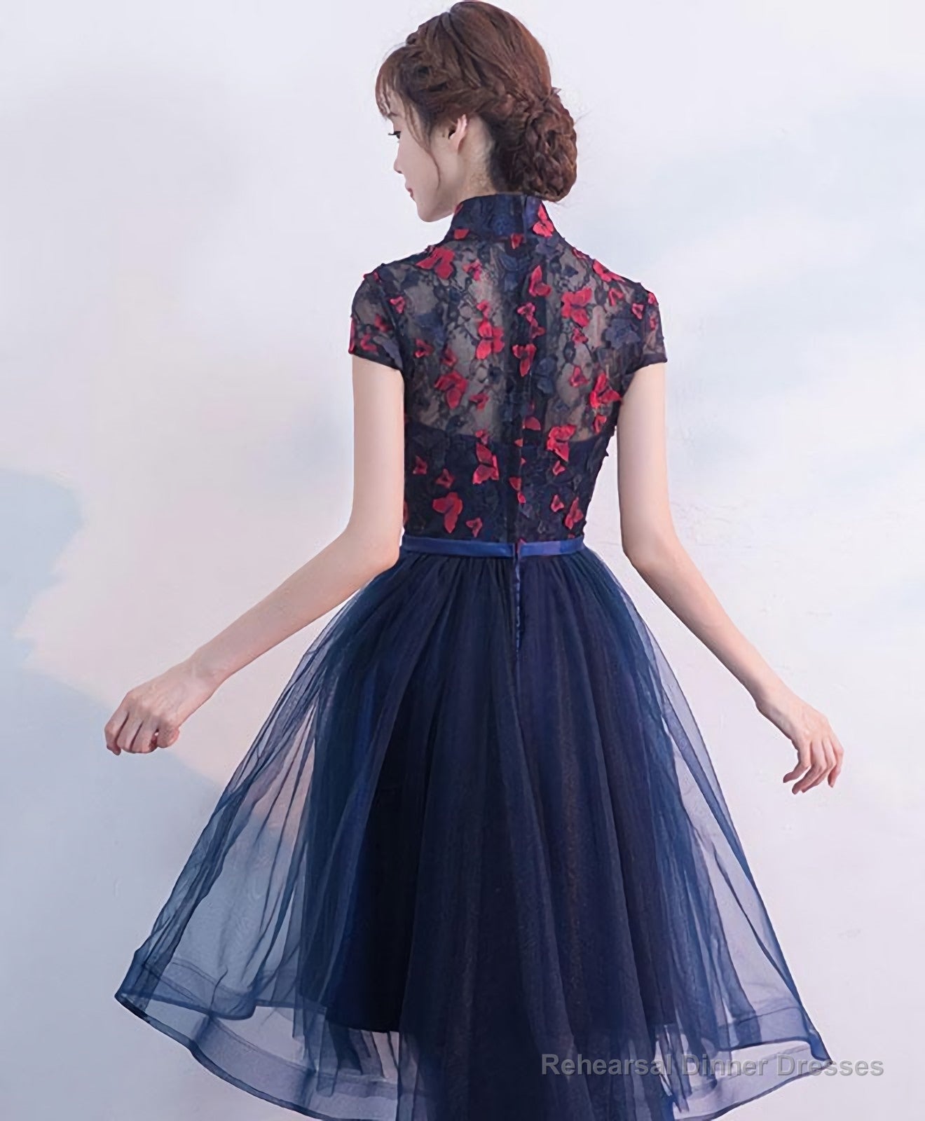 Blue Tulle Lace High Low Prom Dress, Blue Homecoming Dress