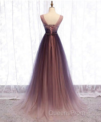 Simple V Neck Tulle Long Evening Prom Dress, Tulle Evening Dress