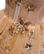 Champagne Round Neck Tulle Lace Long Evening Prom Dress, Formal Dress