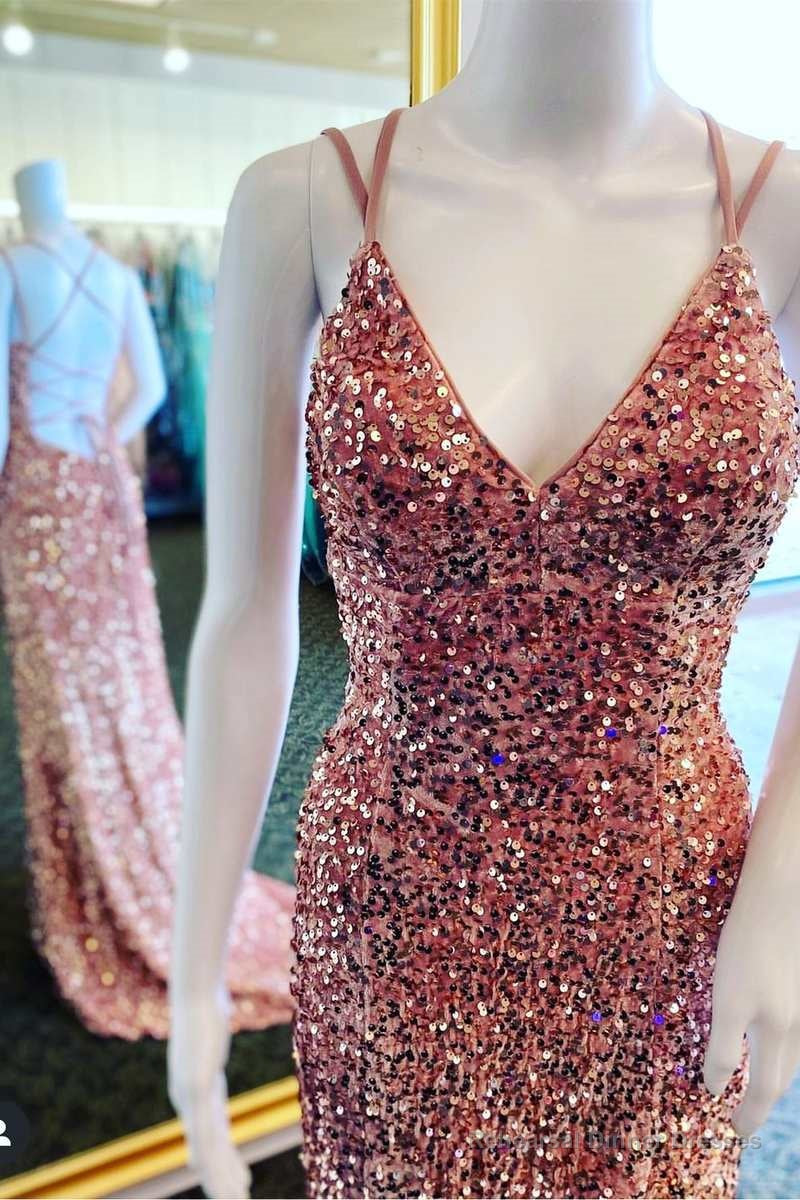Rust Orange Sequin V-Neck Lace-Up Mermaid Long Formal Dress Main image