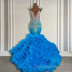 Ocean Blue Mermaid Tulle Ruffle Evening Prom Dress Long With Beadings
