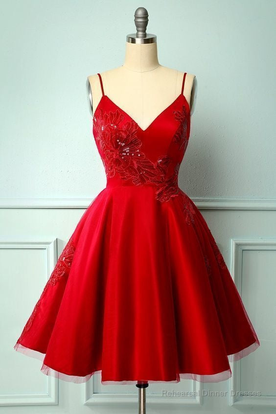red a line prom party dress with spaghetti straps Main image