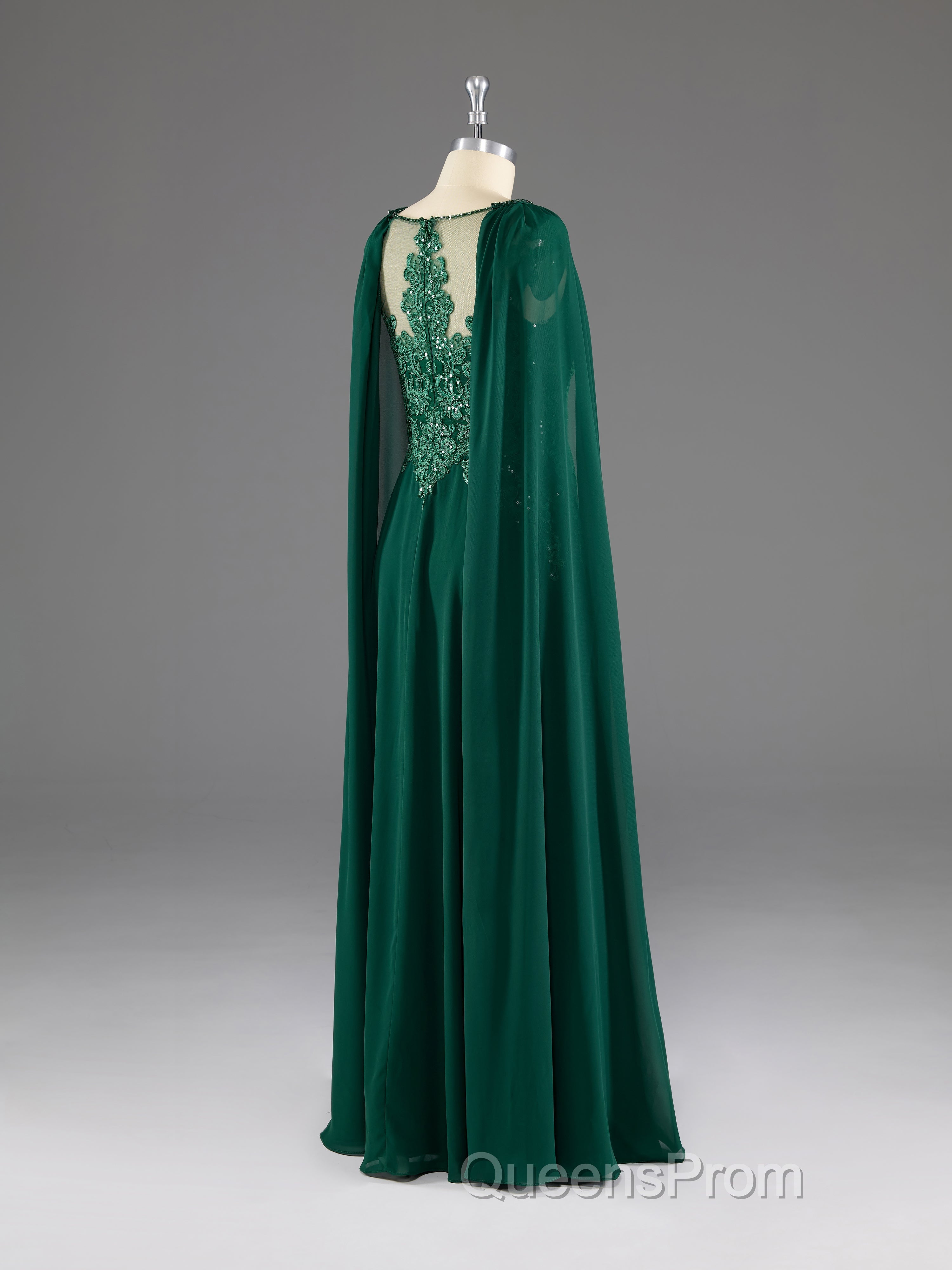 Dark Green A-Line Lace Appliques Chiffon Evening Prom Dress