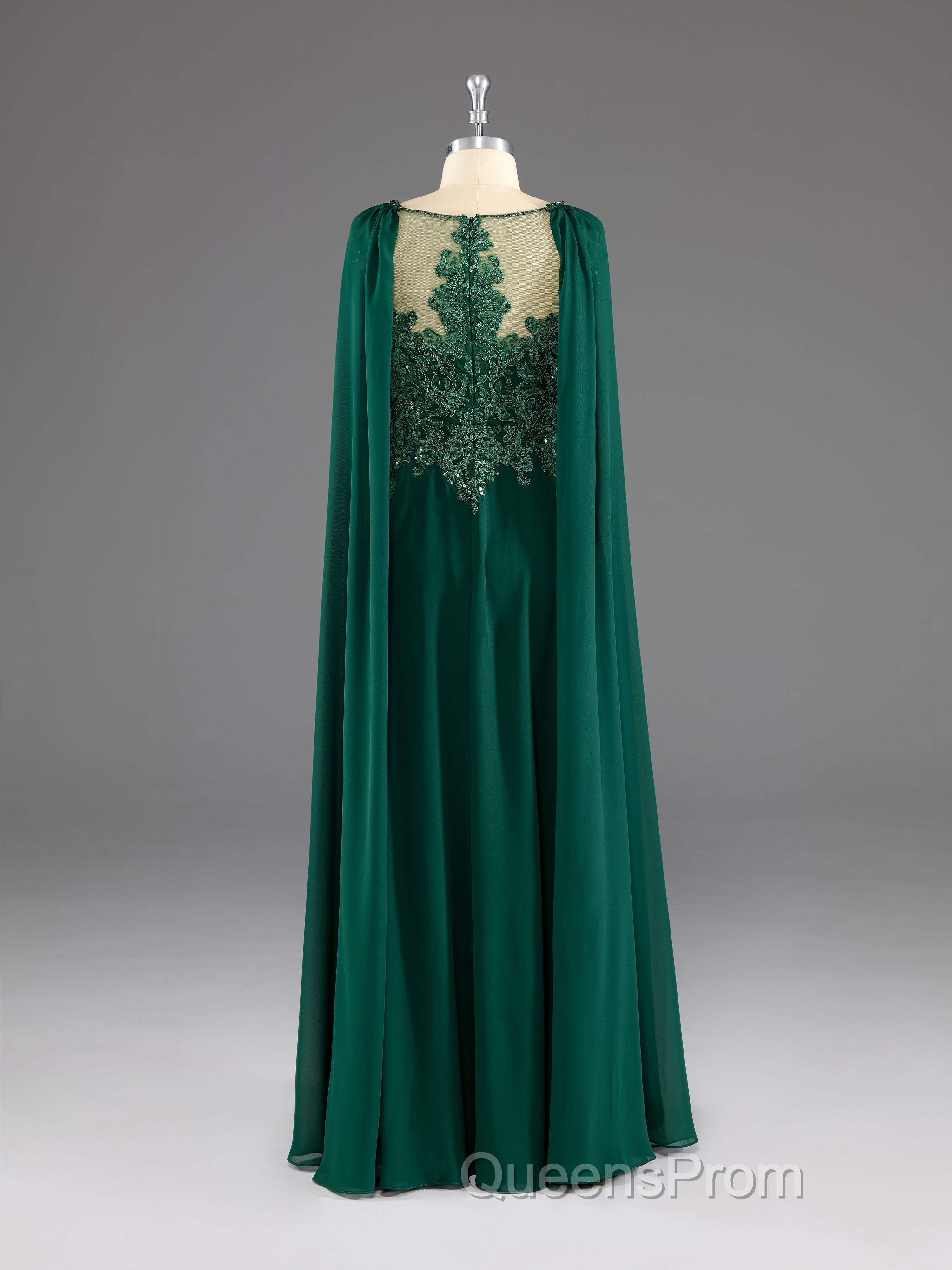 Dark Green A-Line Lace Appliques Chiffon Evening Prom Dress