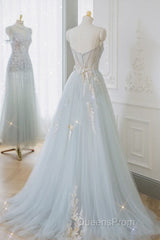 A-Line Tulle Lace Appliques Sweetheart Long Evening Prom Dress, Strapless Evening Dress