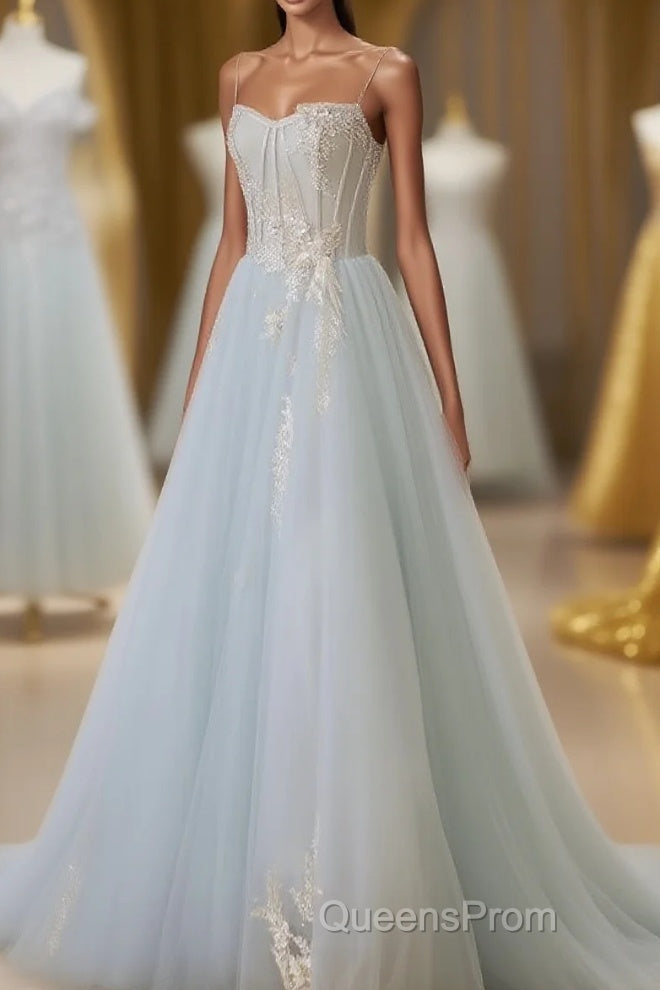 A-Line Tulle Lace Appliques Sweetheart Long Evening Prom Dress, Strapless Evening Dress Main image