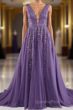 A-line V-Neck Lace Appliques Long Evening Prom Dress