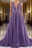 A-line V-Neck Lace Appliques Long Evening Prom Dress