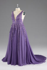 A-line V-Neck Lace Appliques Long Evening Prom Dress