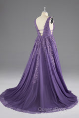 A-line V-Neck Lace Appliques Long Evening Prom Dress