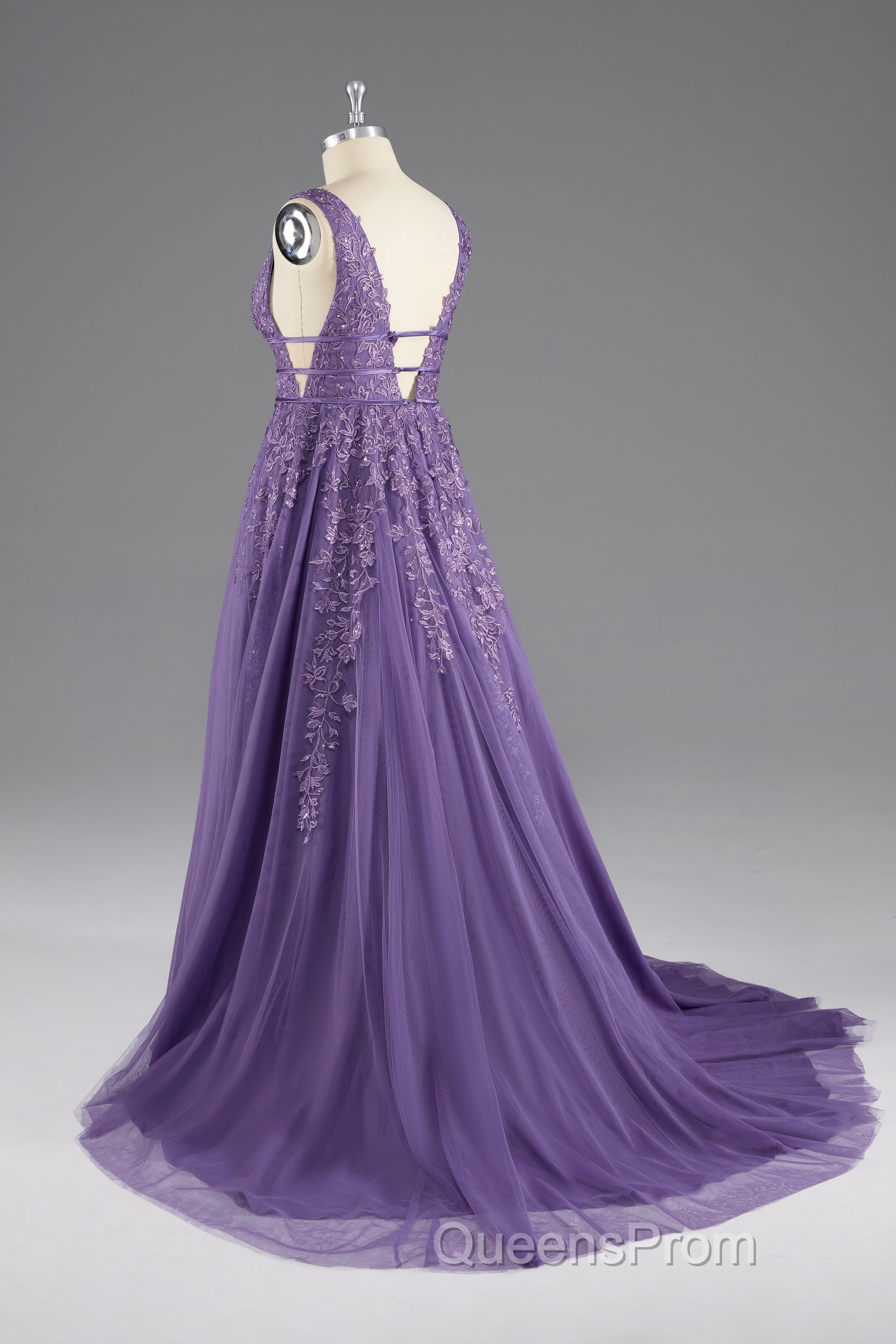 A-line V-Neck Lace Appliques Long Evening Prom Dress