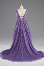 A-line V-Neck Lace Appliques Long Evening Prom Dress