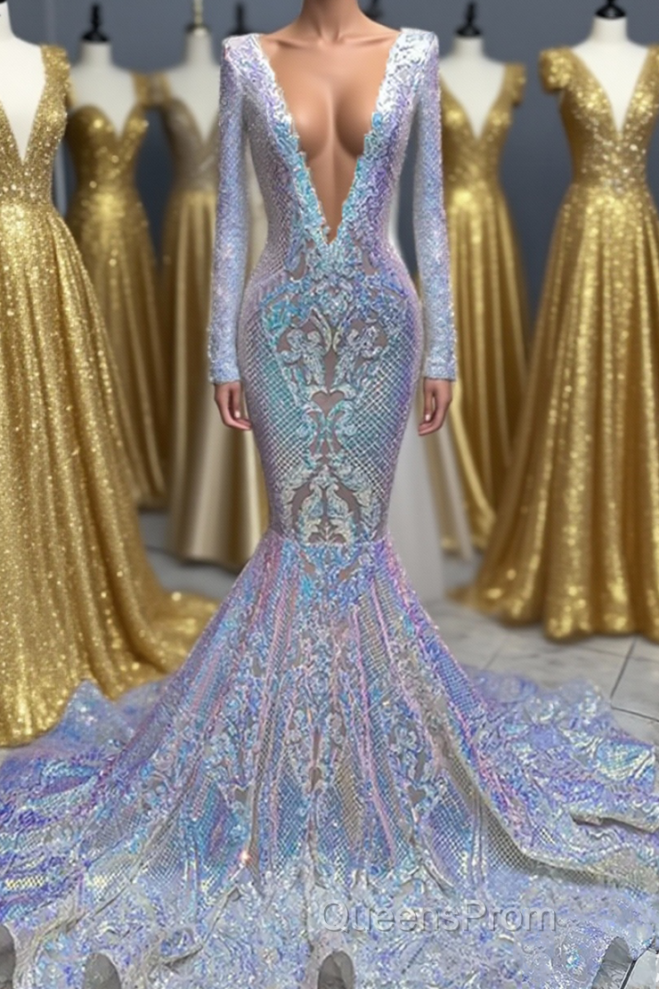 Hot Sparkle Sequin V neck Long sleeves Mermaid Evening Prom Dress Main image