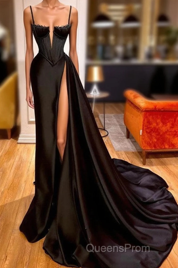 Gorgeous Black Spaghett-Straps Evening Prom Dress With Slit Main image