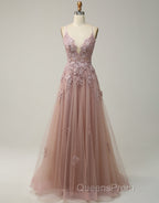 A-Line Tulle Spaghetti Straps Appliques Long Evening Prom Dress with Alit