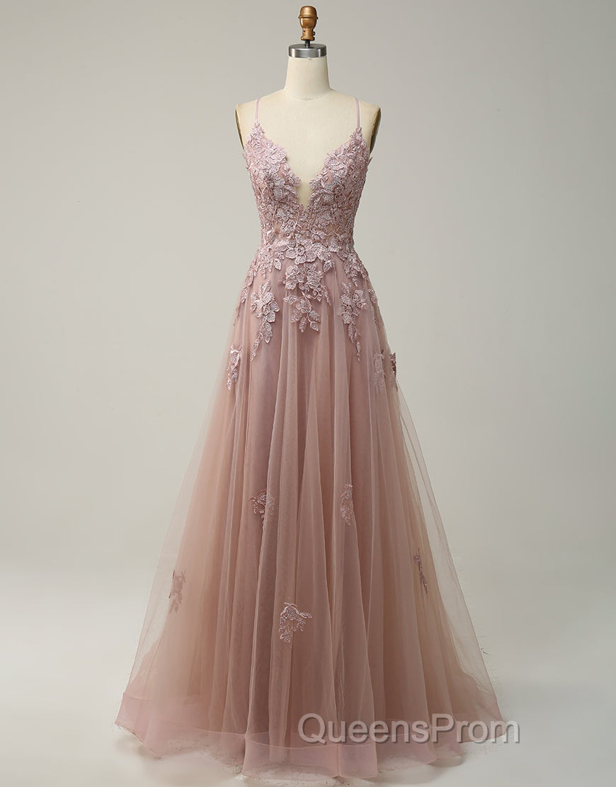 A-Line Tulle Spaghetti Straps Appliques Long Evening Prom Dress with Alit