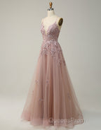 A-Line Tulle Spaghetti Straps Appliques Long Evening Prom Dress with Alit