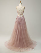 A-Line Tulle Spaghetti Straps Appliques Long Evening Prom Dress with Alit
