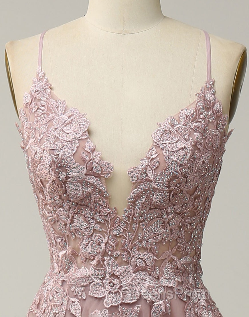 A-Line Tulle Spaghetti Straps Appliques Long Evening Prom Dress with Alit