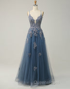 A-Line Tulle Spaghetti Straps Appliques Long Evening Prom Dress with Alit