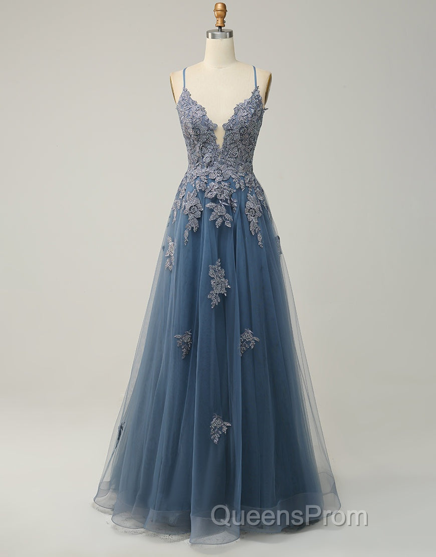 A-Line Tulle Spaghetti Straps Appliques Long Evening Prom Dress with Alit
