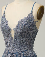 A-Line Tulle Spaghetti Straps Appliques Long Evening Prom Dress with Alit