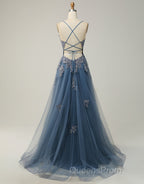 A-Line Tulle Spaghetti Straps Appliques Long Evening Prom Dress with Alit