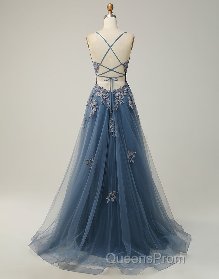 A-Line Tulle Spaghetti Straps Appliques Long Evening Prom Dress with Alit