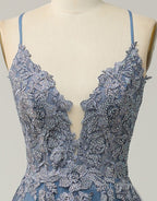 A-Line Tulle Spaghetti Straps Appliques Long Evening Prom Dress with Alit