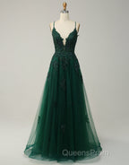 A-Line Tulle Spaghetti Straps Appliques Long Evening Prom Dress with Alit