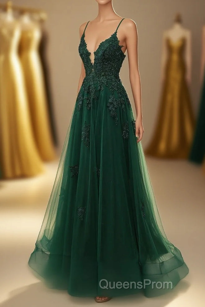 A-Line Tulle Spaghetti Straps Appliques Long Evening Prom Dress with Alit