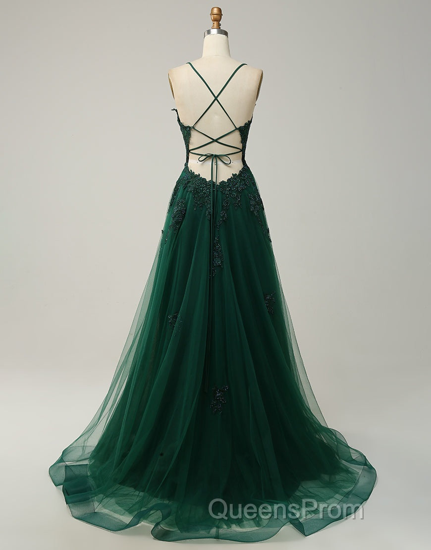 A-Line Tulle Spaghetti Straps Appliques Long Evening Prom Dress with Alit