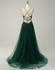 A-Line Tulle Spaghetti Straps Appliques Long Evening Prom Dress with Alit