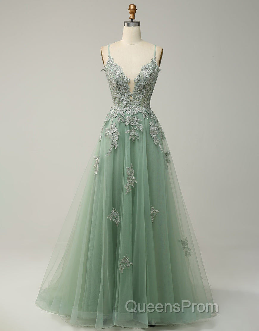 A-Line Tulle Spaghetti Straps Appliques Long Evening Prom Dress with Alit