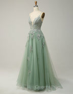 A-Line Tulle Spaghetti Straps Appliques Long Evening Prom Dress with Alit