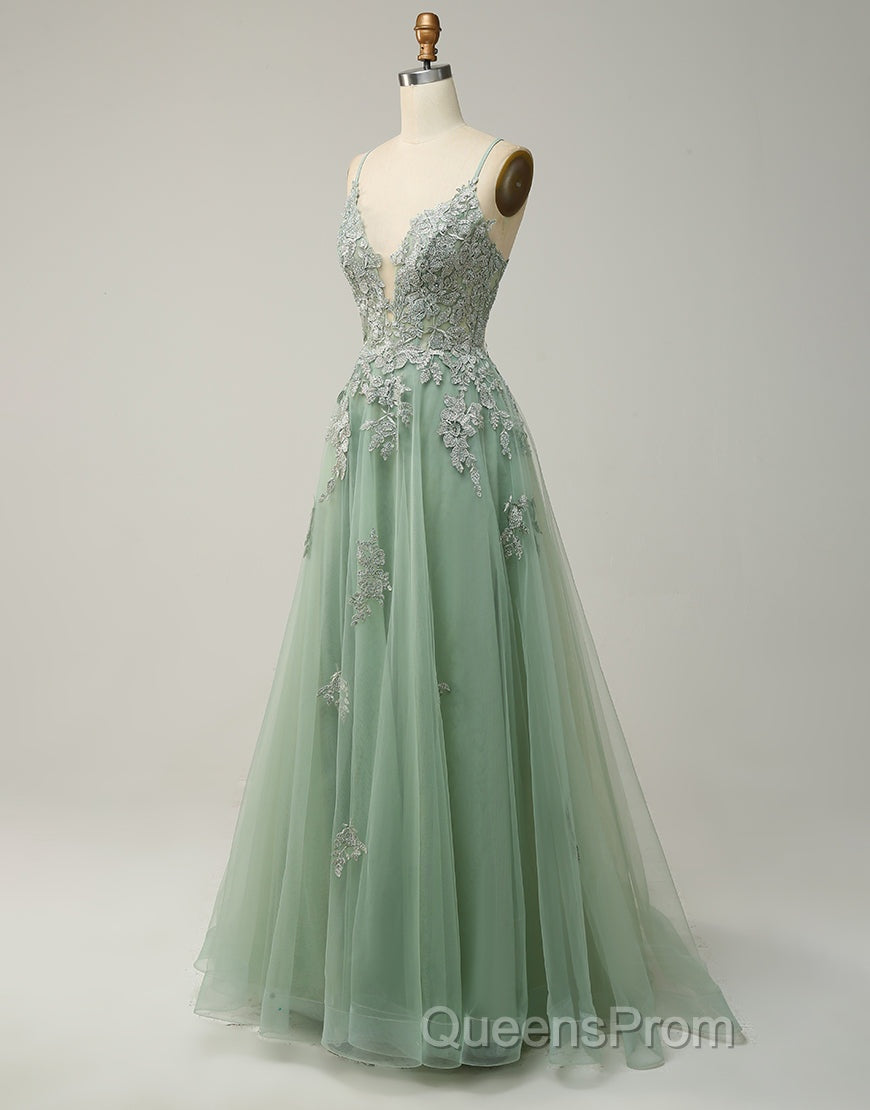 A-Line Tulle Spaghetti Straps Appliques Long Evening Prom Dress with Alit