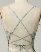 A-Line Tulle Spaghetti Straps Appliques Long Evening Prom Dress with Alit