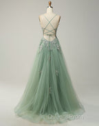 A-Line Tulle Spaghetti Straps Appliques Long Evening Prom Dress with Alit