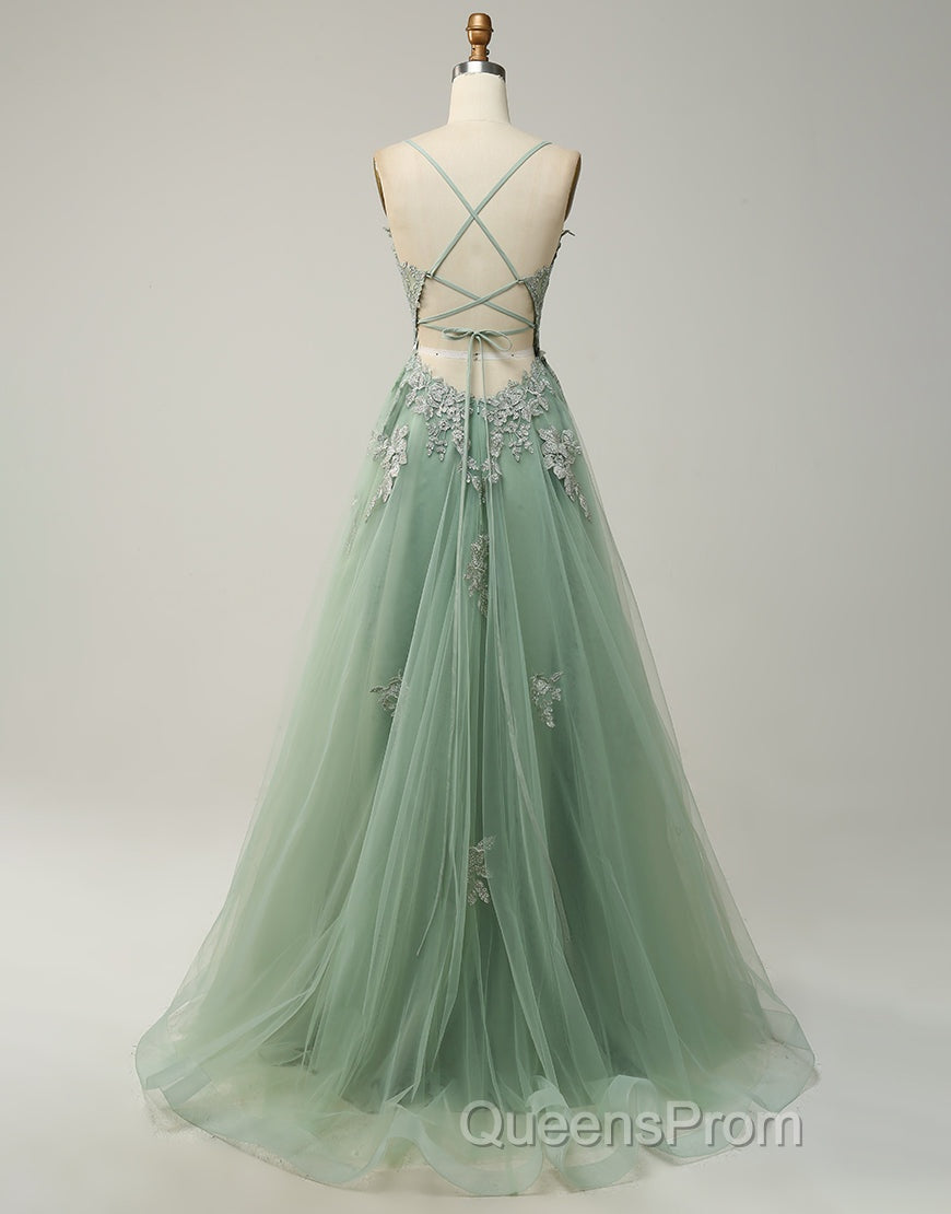A-Line Tulle Spaghetti Straps Appliques Long Evening Prom Dress with Alit