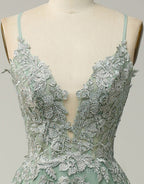 A-Line Tulle Spaghetti Straps Appliques Long Evening Prom Dress with Alit
